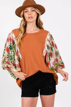 SAGE + FIG Full Size Printed Balloon Sleeve Contrast Top - Delanoir