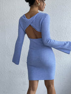 Backless Round Neck Long Sleeve Sweater Dress - Delanoir