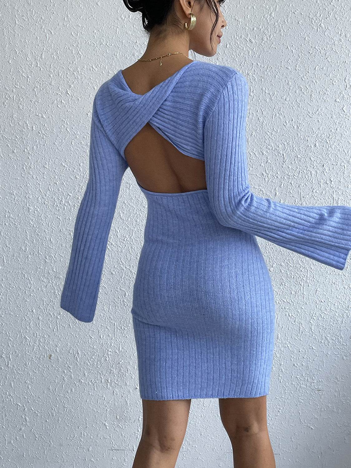 Backless Round Neck Long Sleeve Sweater Dress - Delanoir
