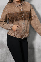 Fringe Trim Snap Down Denim Jacket - Delanoir