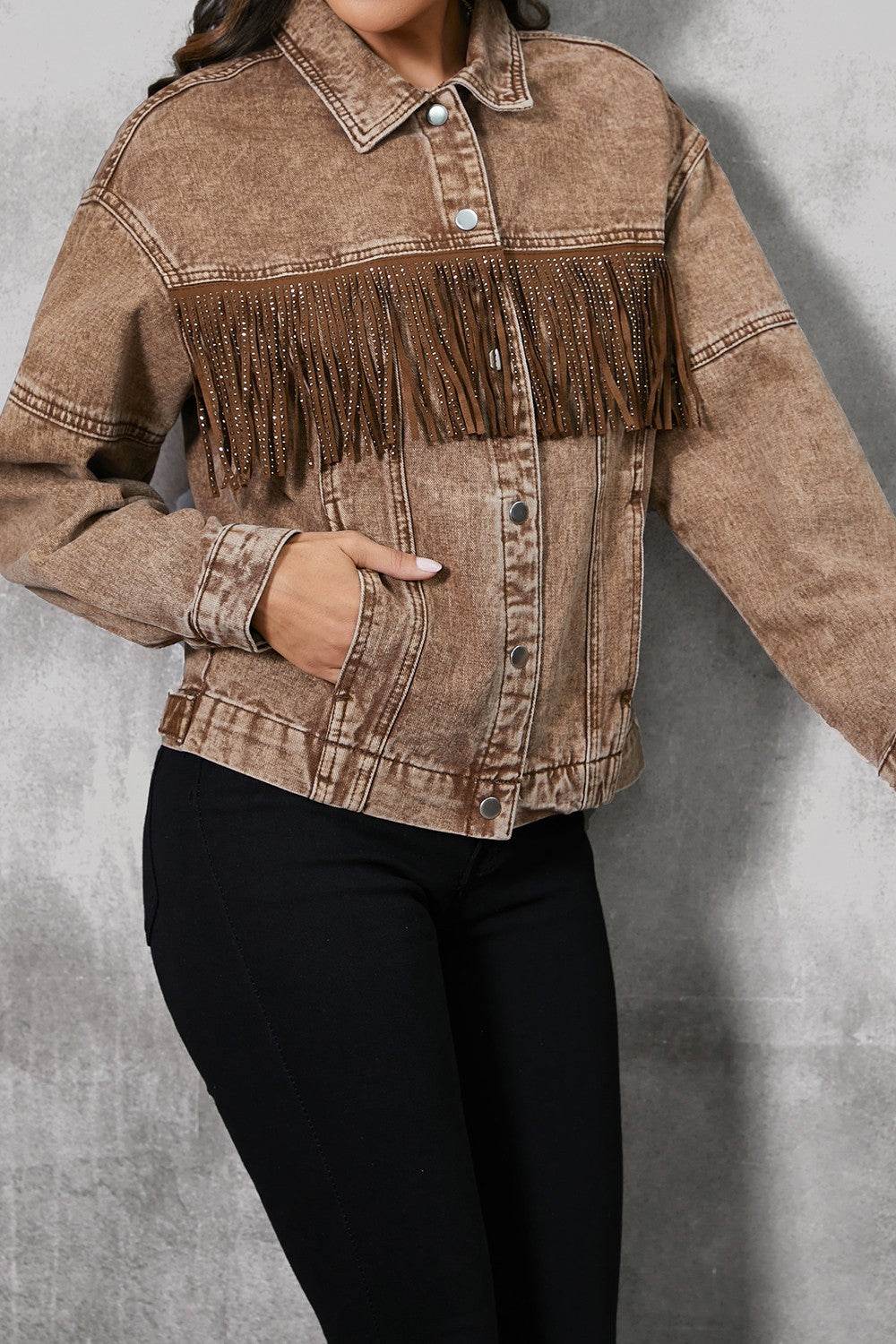 Fringe Trim Snap Down Denim Jacket - Delanoir