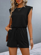 Round Neck Cap Sleeve Romper - Delanoir