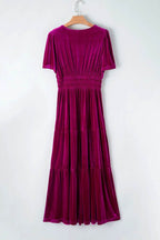 Tiered Notched Short Sleeve Dress with Pockets - Delanoir