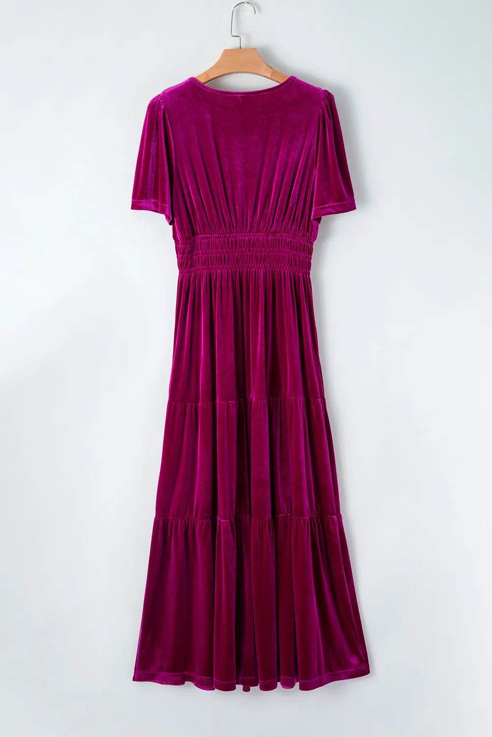 Tiered Notched Short Sleeve Dress with Pockets - Delanoir