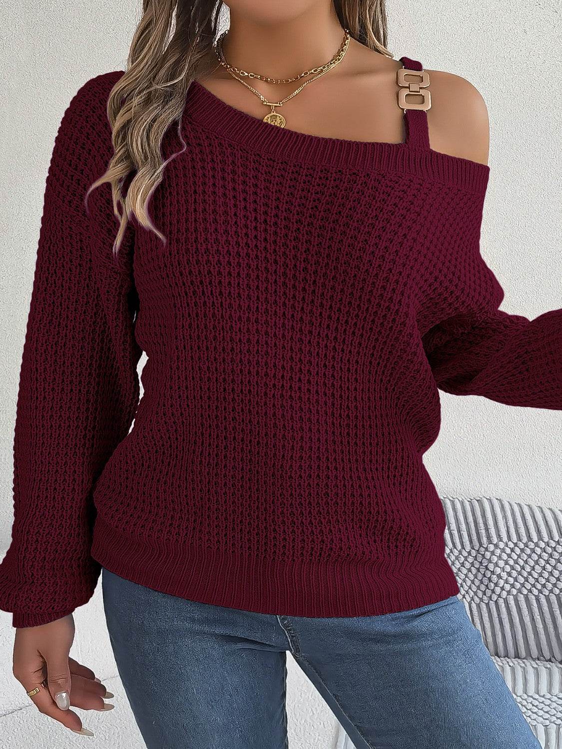 Asymmetrical Neck Long Sleeve Sweater - Delanoir