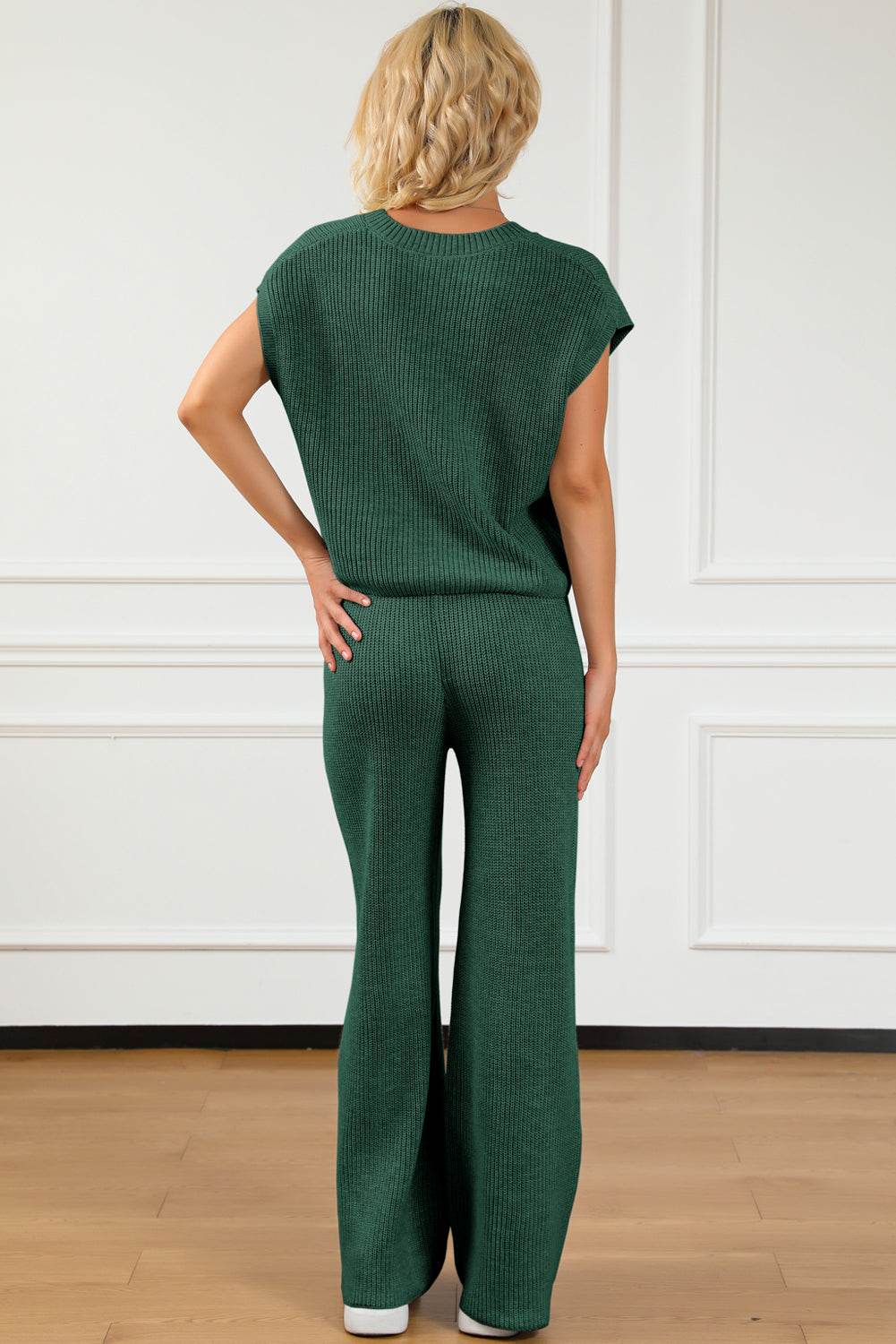 Pocketed V-Neck Top and Wide Leg Sweater Set - Delanoir
