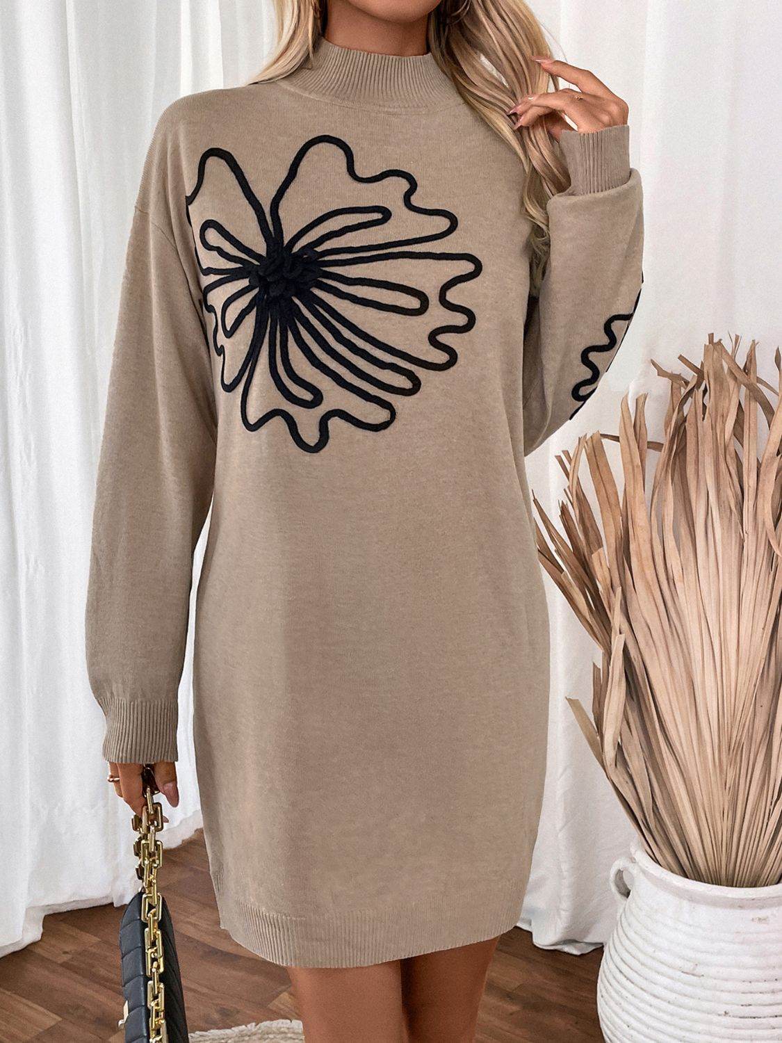 Perfee Flower Mock Neck Long Sleeve Sweater Dress - Delanoir