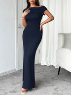 Devine Ruched Single Shoulder Short Sleeve Maxi Dress - Delanoir