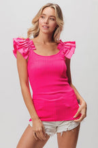 BiBi Ruffled Shoulder Strap Rib Texture Top - Delanoir