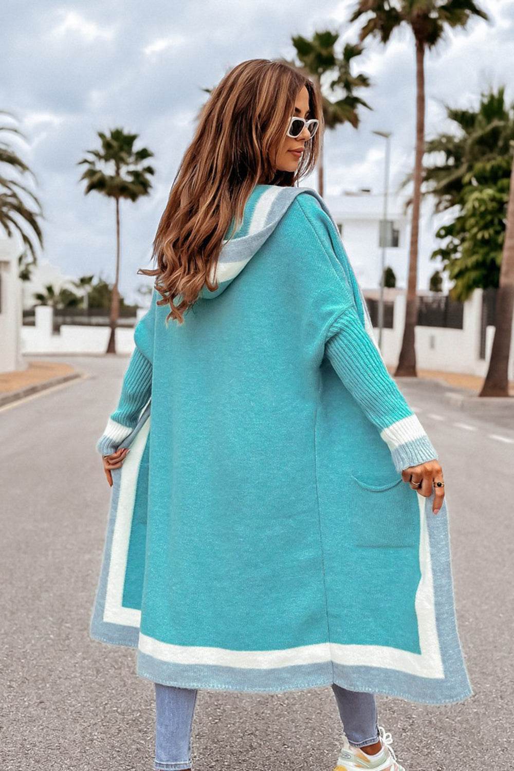 Pocketed Contrast Long Sleeve Hooded Cardigan - Delanoir