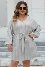 Plus Size Ribbed Tie Front Long Sleeve Sweater Dress - Delanoir