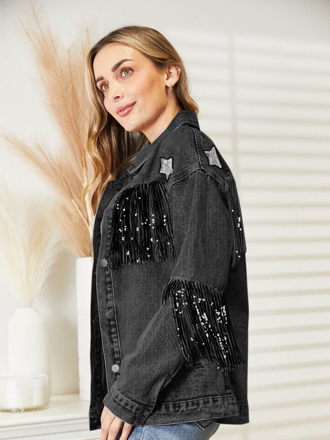 Fringe Detail Long Sleeve Denim Jacket - Delanoir