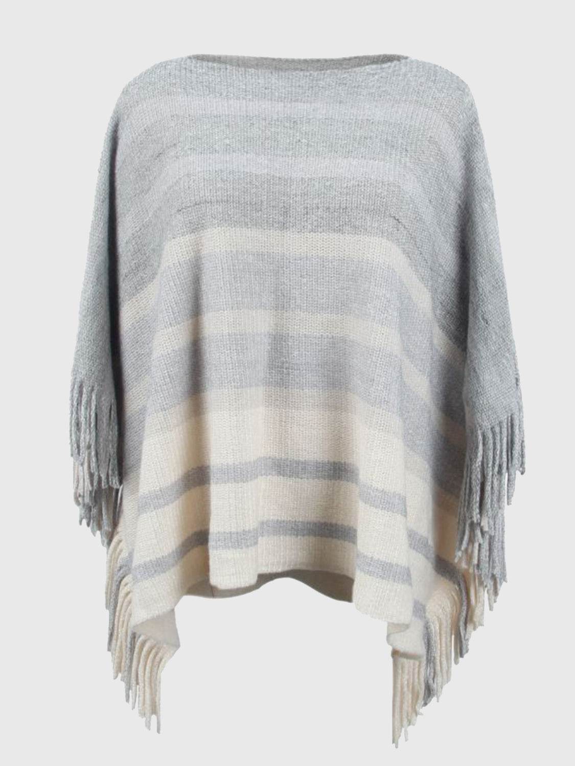 Striped Boat Neck Poncho with Fringes - Delanoir