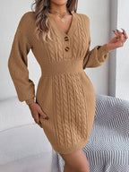 Buttoned Cable-Knit V-Neck Sweater Dress - Delanoir
