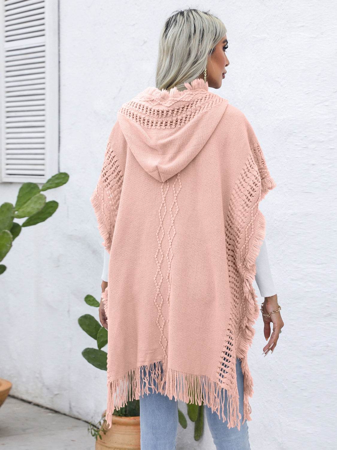Fringe Trim Buttoned Hooded Poncho - Delanoir