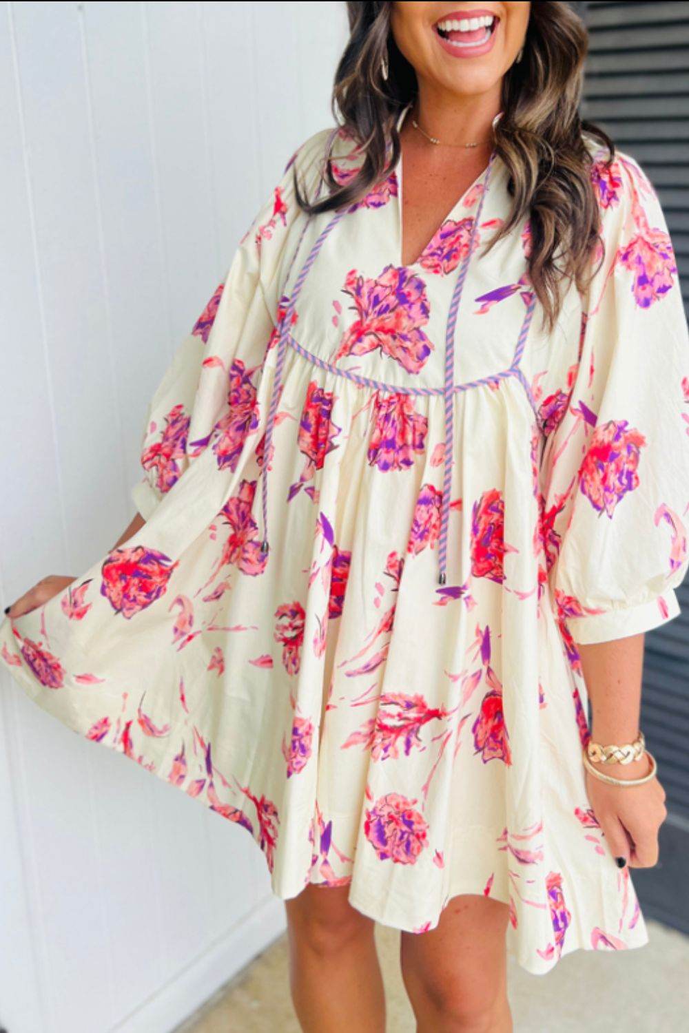 Tied Flower Printed Three-Quarter Sleeve Dress - Delanoir
