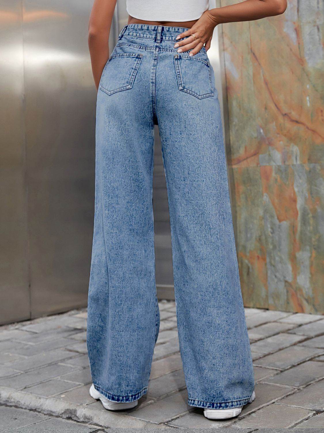 Distressed Wide Leg Jeans with Pockets - Delanoir