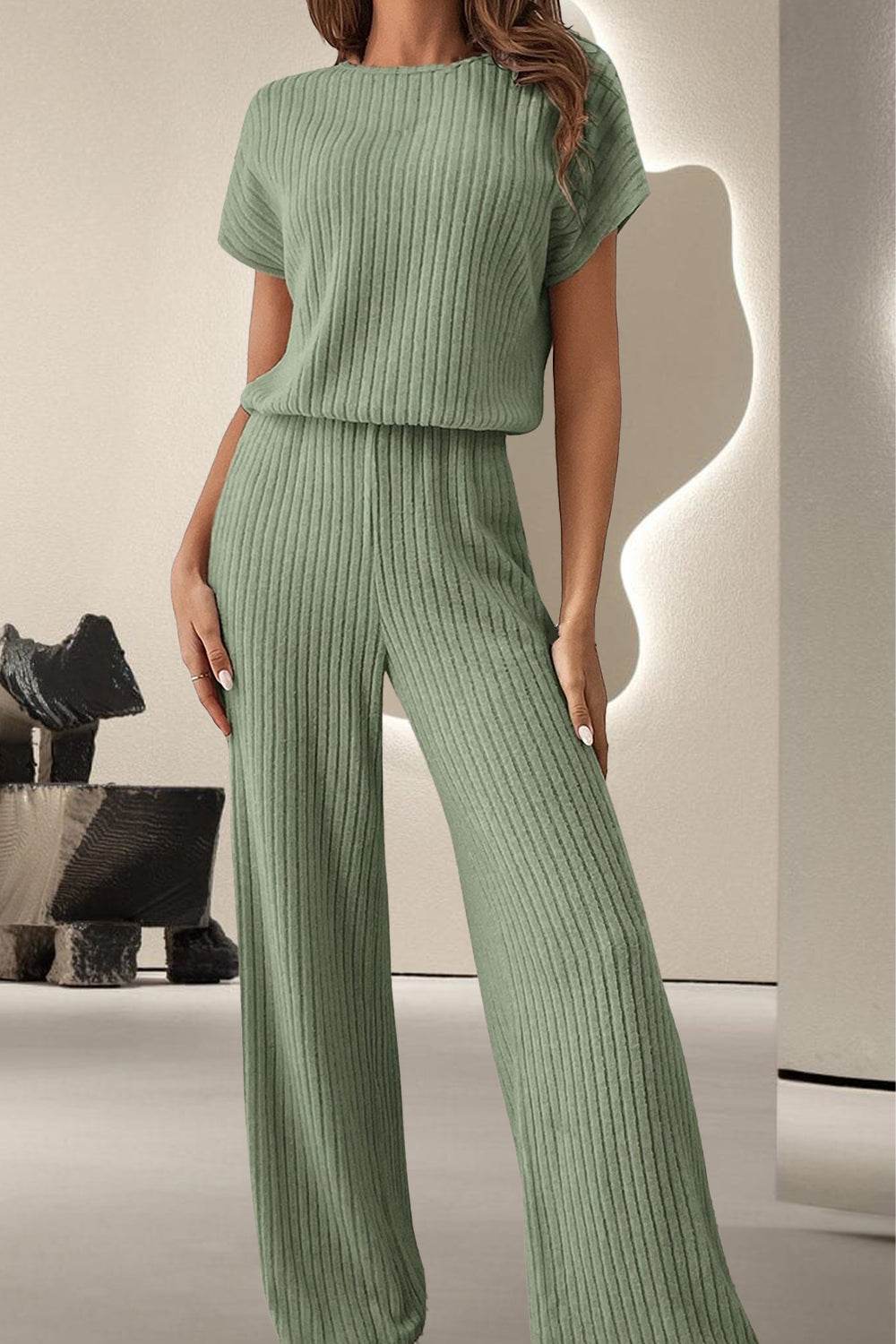 Round Neck Short Sleeve Jumpsuit - Delanoir