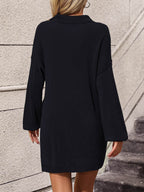 Collared Neck Long Sleeve Sweater Dress with Pockets - Delanoir