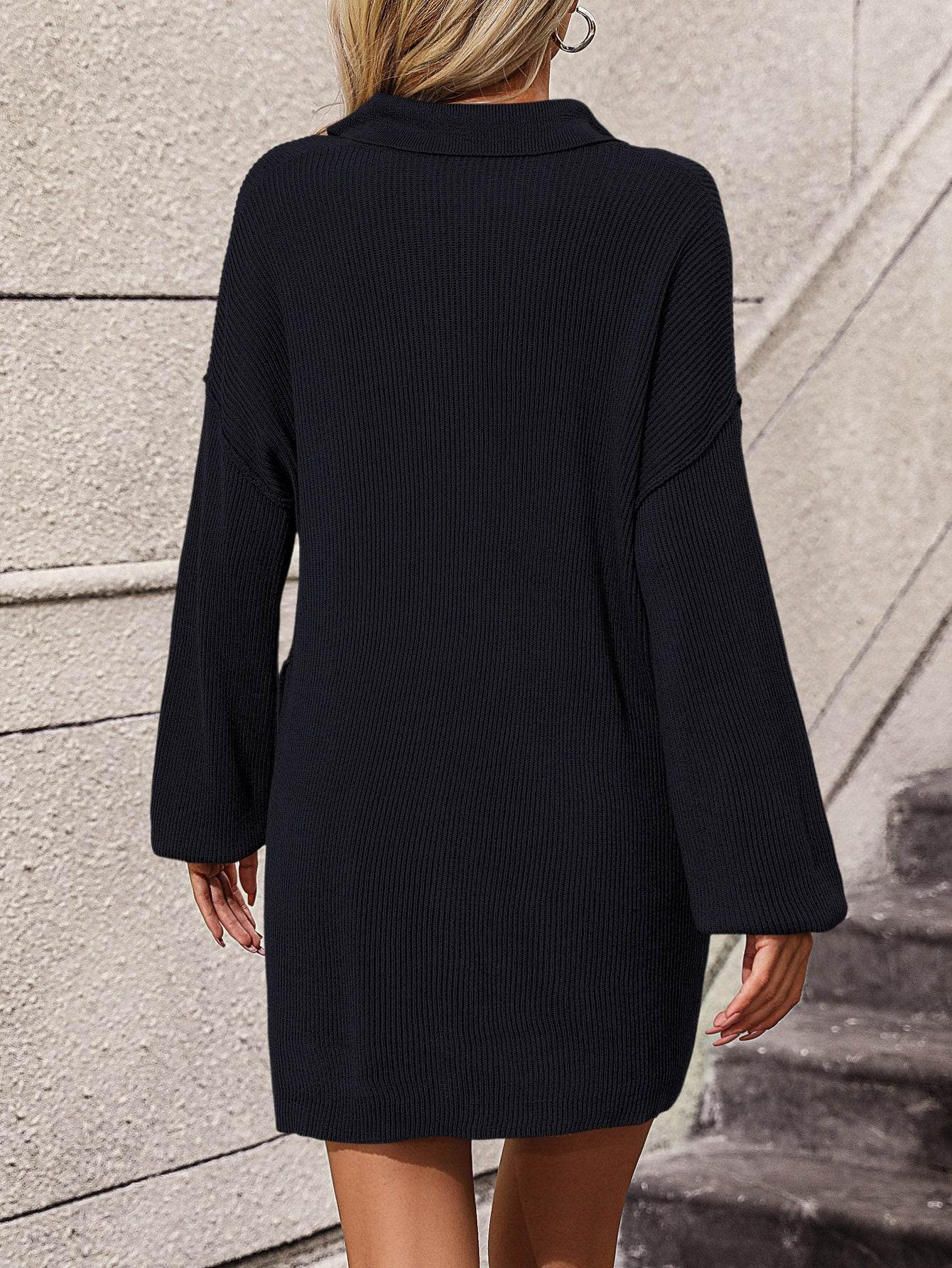 Collared Neck Long Sleeve Sweater Dress with Pockets - Delanoir