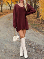 V-Neck Dropped Shoulder Sweater Dress - Delanoir