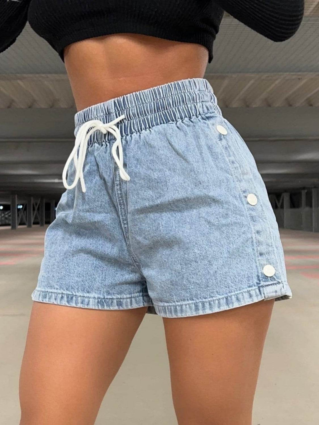 Drawstring High Waist Denim Shorts - Delanoir