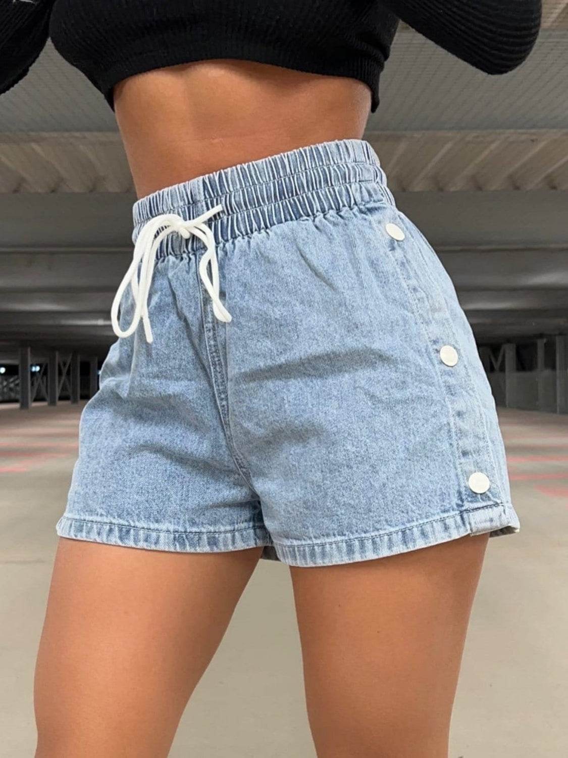Drawstring High Waist Denim Shorts - Delanoir