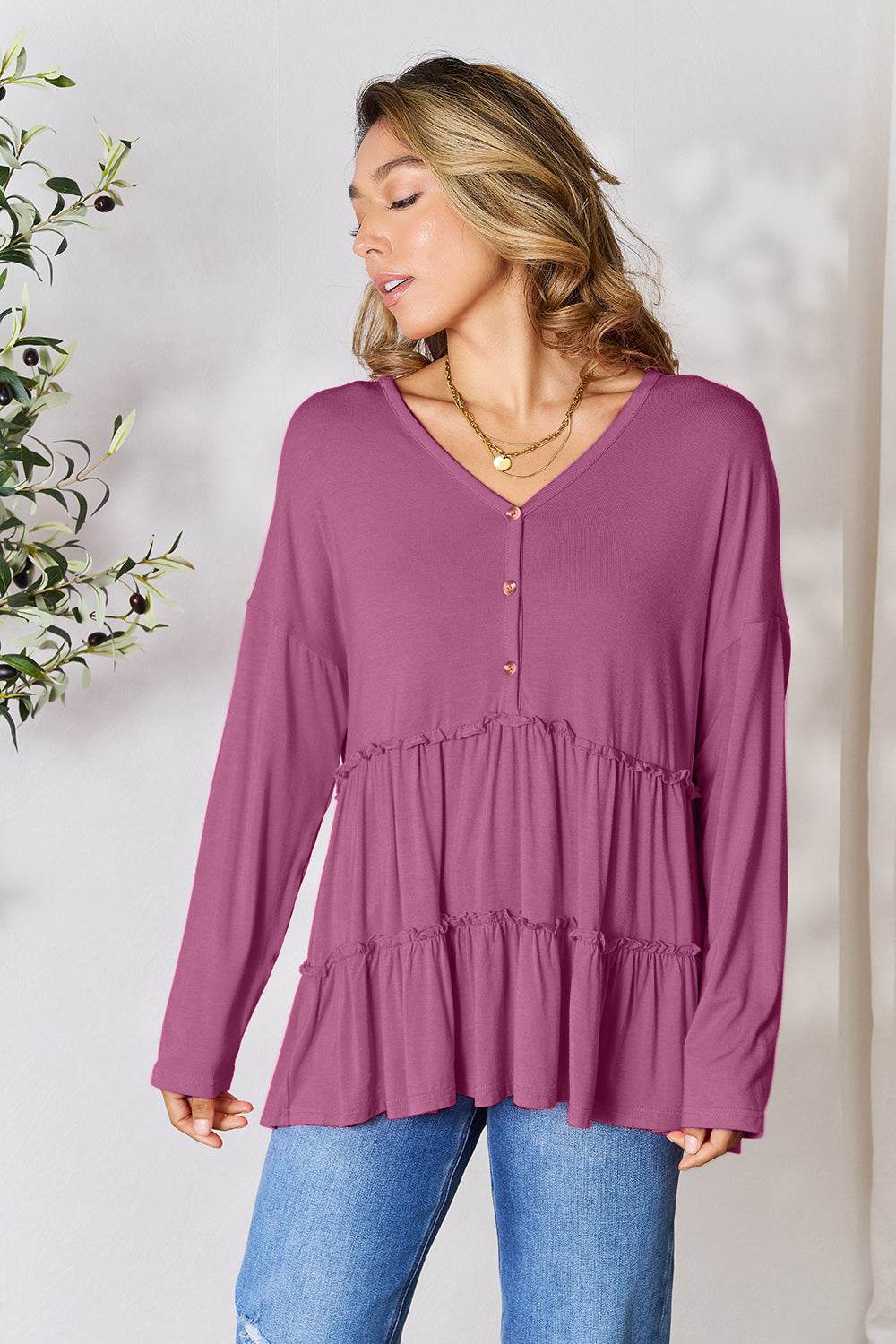 Double Take Half Button Long Sleeve Ruffle Hem Blouse - Delanoir