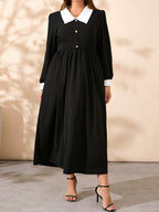 Plus Size Contrast Collared Neck Long Sleeve Midi Dress - Delanoir