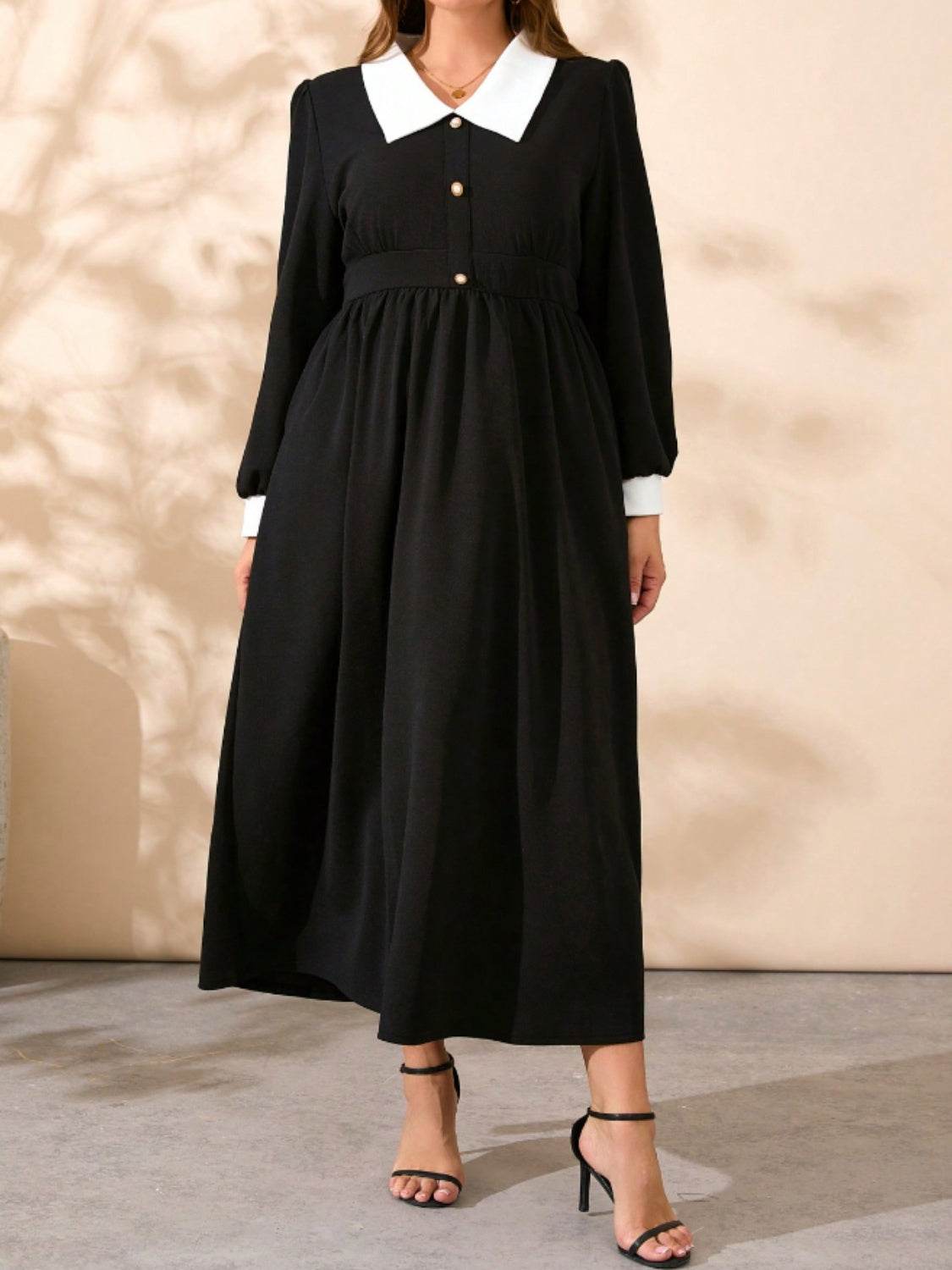 Plus Size Contrast Collared Neck Long Sleeve Midi Dress - Delanoir