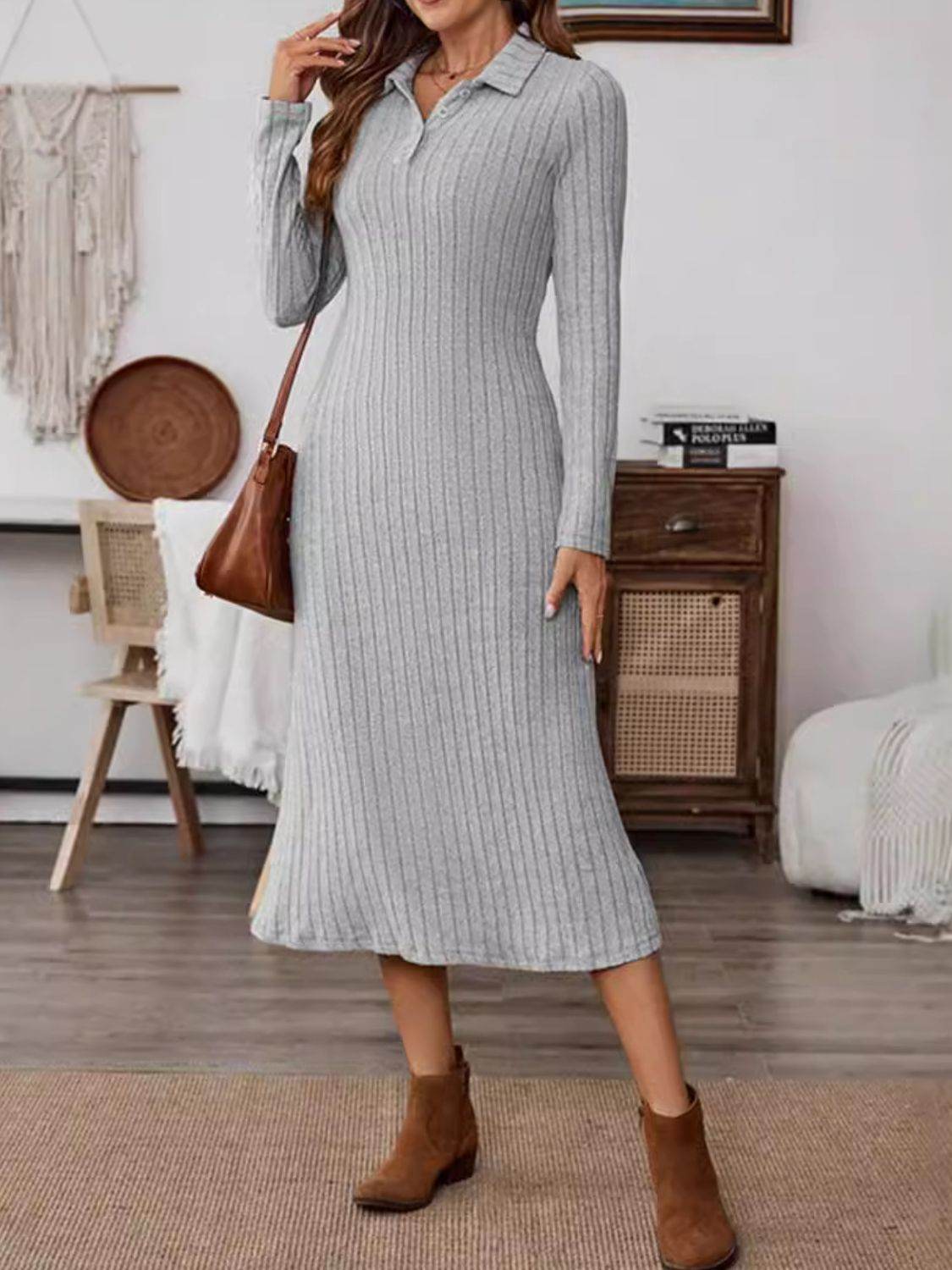 Collared Neck Long Sleeve Midi Dress - Delanoir