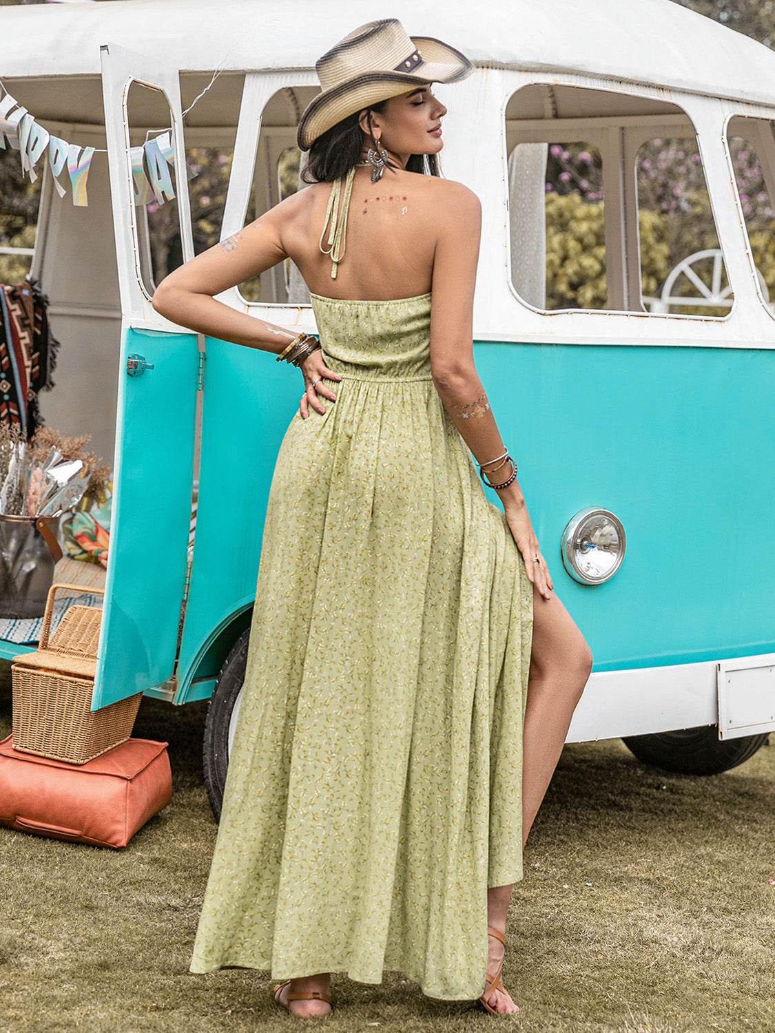 Printed Halter Neck Maxi Dress - Delanoir