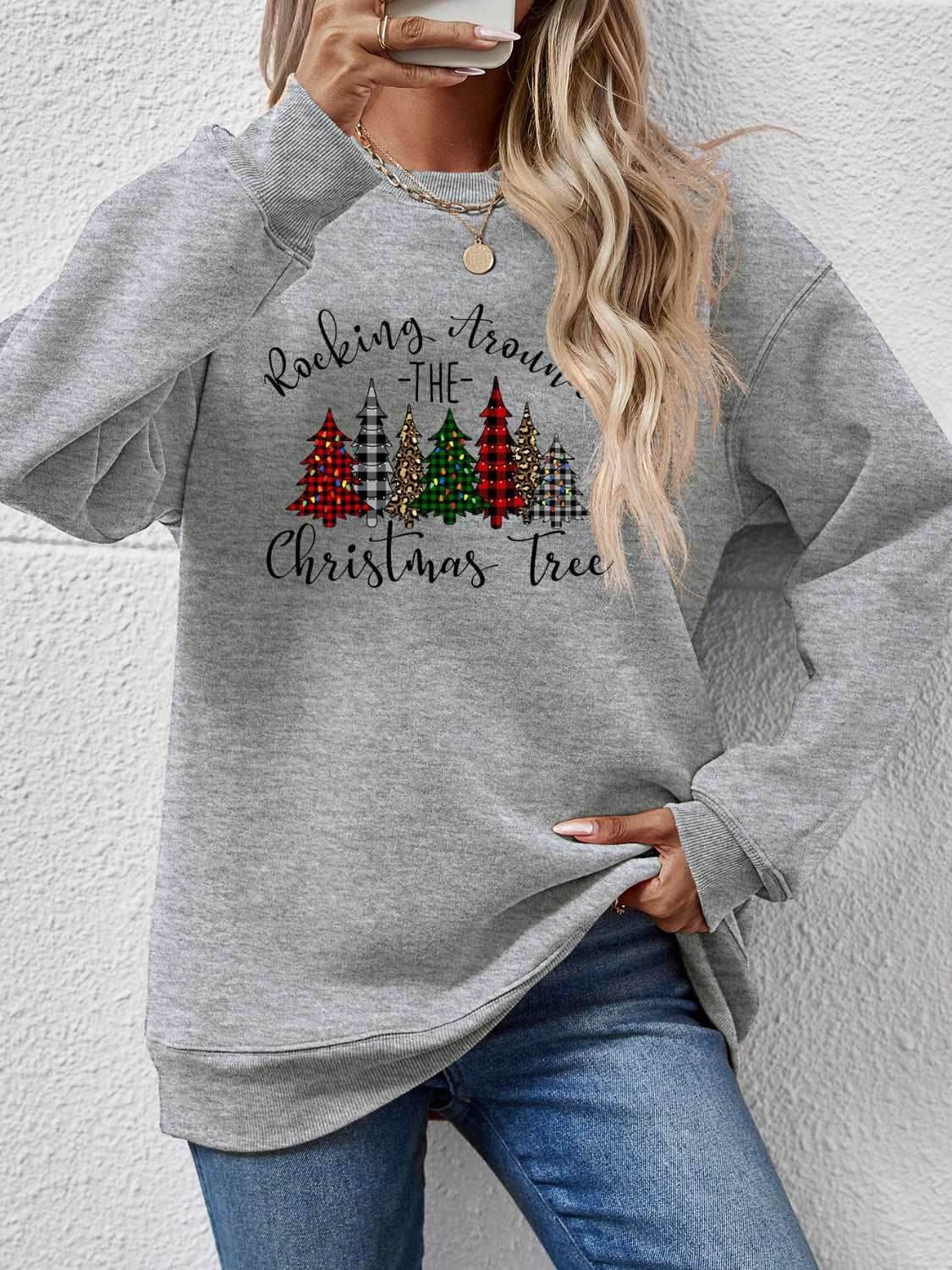 Christmas Tree Graphic Round Neck Sweatshirt - Delanoir