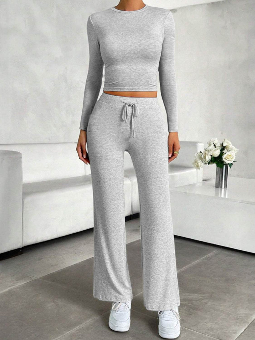 Round Neck Long Sleeve Top and Drawstring Pants Set - Delanoir