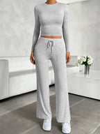 Round Neck Long Sleeve Top and Drawstring Pants Set - Delanoir