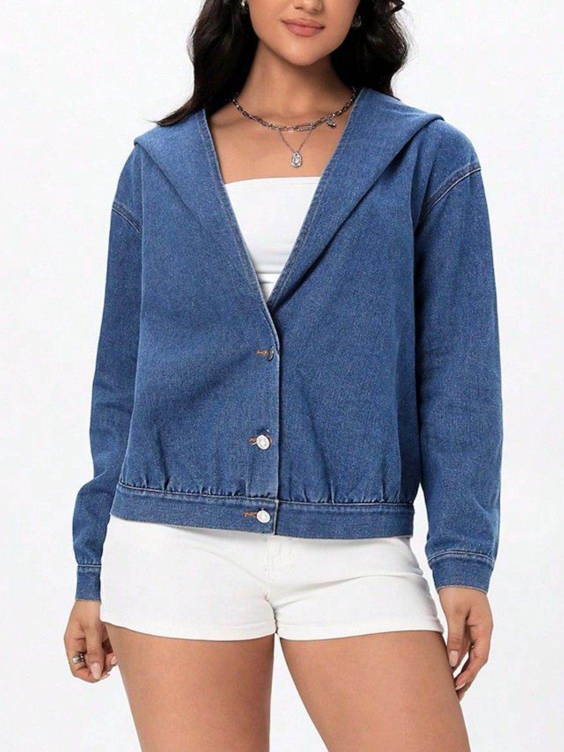 Button Up Hooded Denim Top - Delanoir