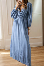 Tied Plunge Three-Quarter Sleeve Denim Dress - Delanoir