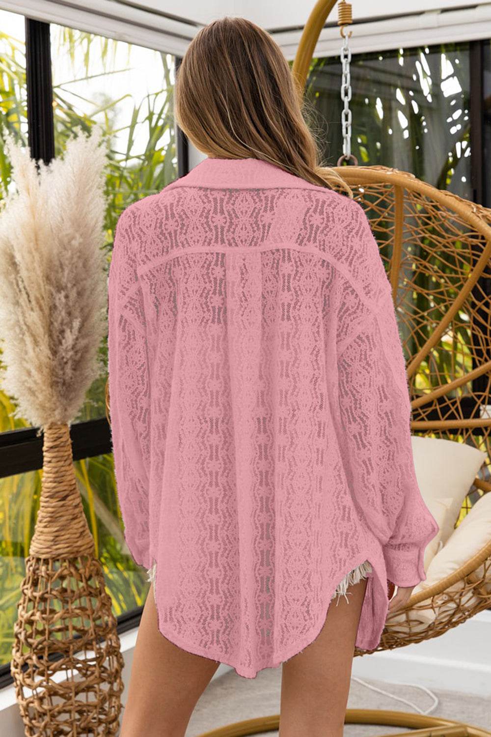 BiBi Oversized Lace Shacket with Front Pockets - Delanoir