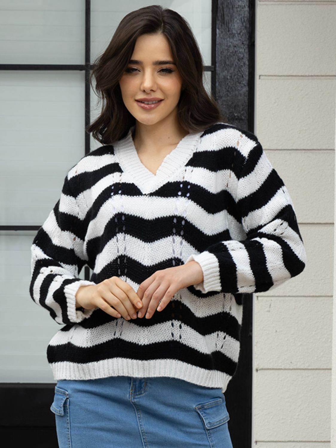 Openwork Striped V-Neck Sweater - Delanoir
