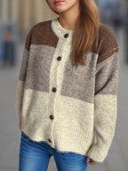 Color Block Round Neck Button Up Cardigan - Delanoir