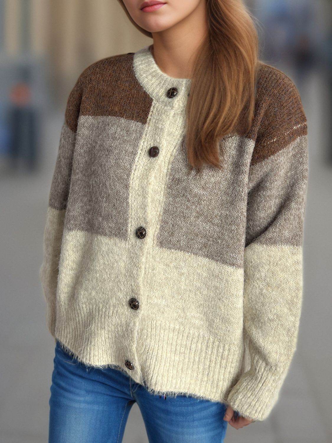 Color Block Round Neck Button Up Cardigan - Delanoir