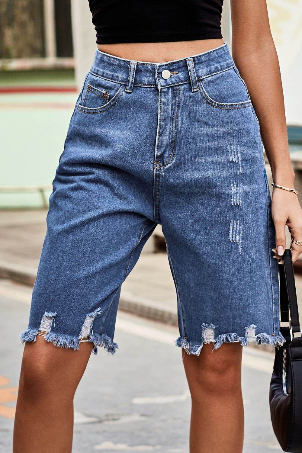 Raw Hem High Waist Denim Shorts with Pockets - Delanoir