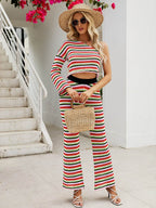 Striped Single Shoulder Top and Pants Knit Set - Delanoir