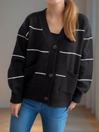 Striped Button Down V-Neck Long Sleeve Cardigan - Delanoir