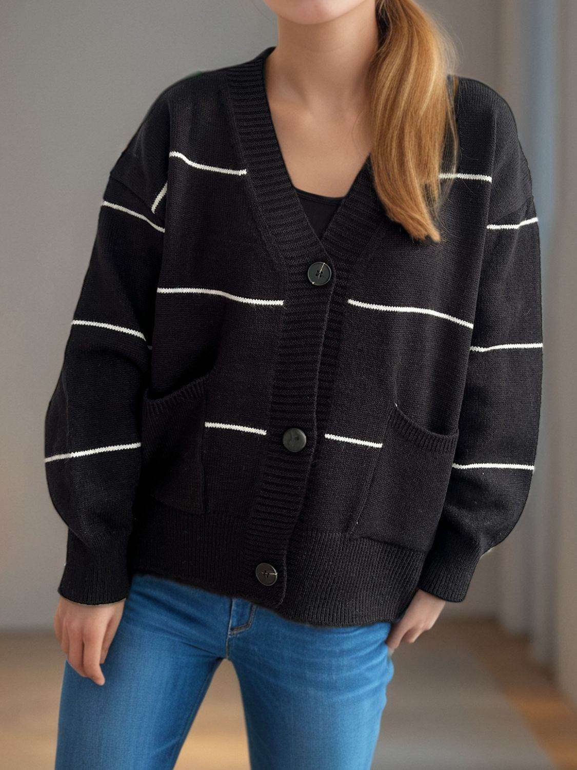 Striped Button Down V-Neck Long Sleeve Cardigan - Delanoir