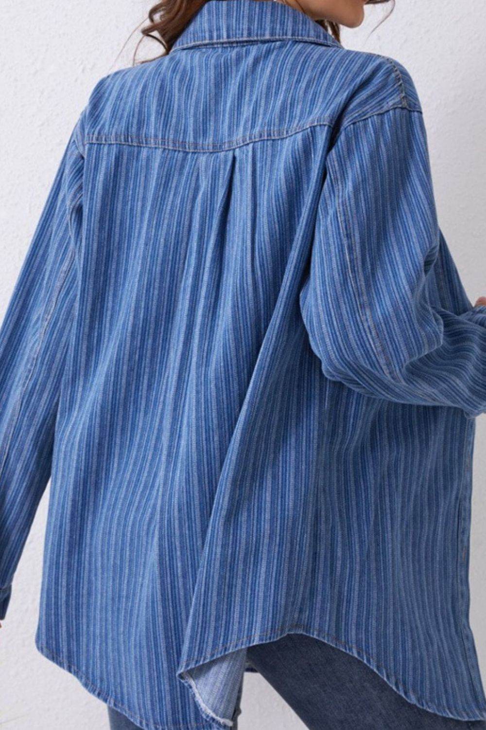 Striped Texture Collared Neck Denim Top - Delanoir
