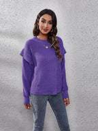 Ruffled Round Neck Dropped Shoulder Sweater - Delanoir