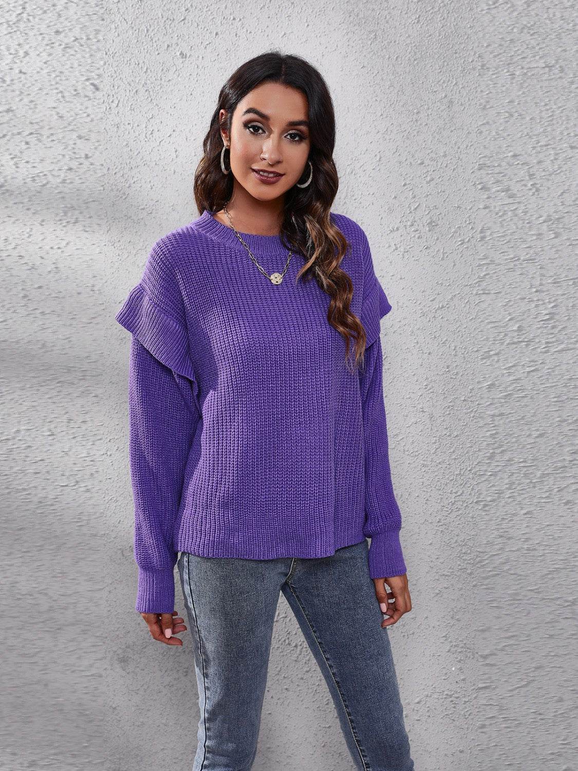 Ruffled Round Neck Dropped Shoulder Sweater - Delanoir