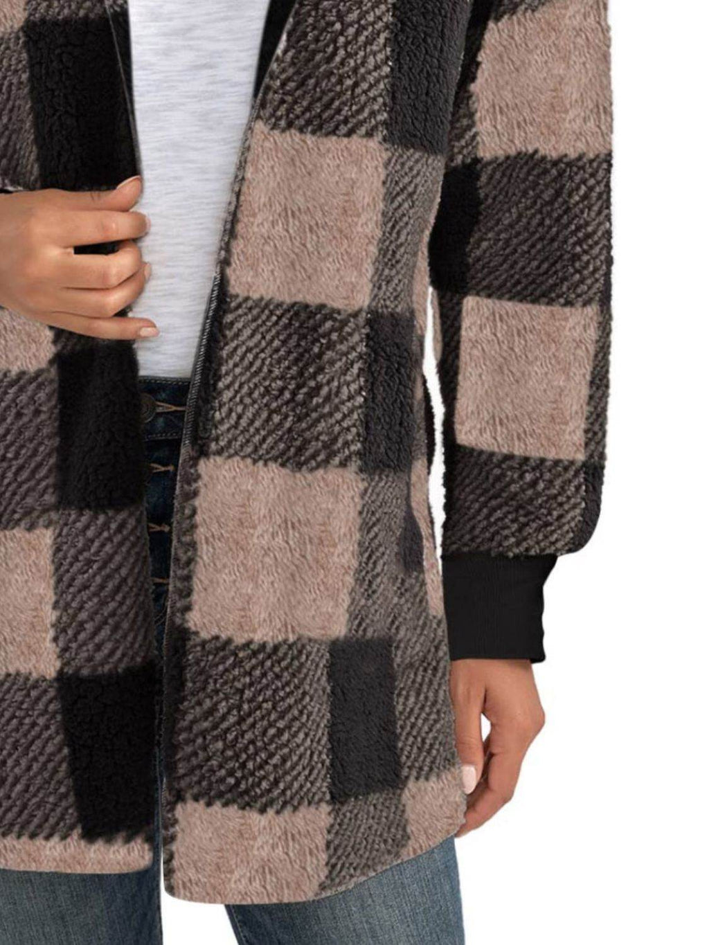 Plaid Long Sleeve Hooded Coat - Delanoir