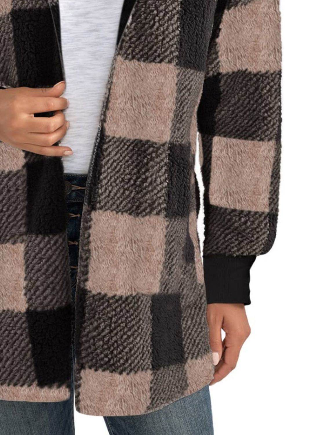 Plaid Long Sleeve Hooded Coat - Delanoir